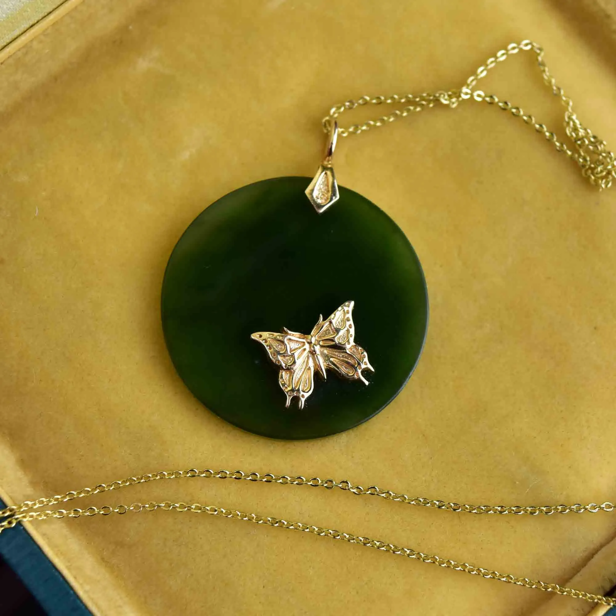 14K Gold Butterfly Jade Disk Pendant Necklace