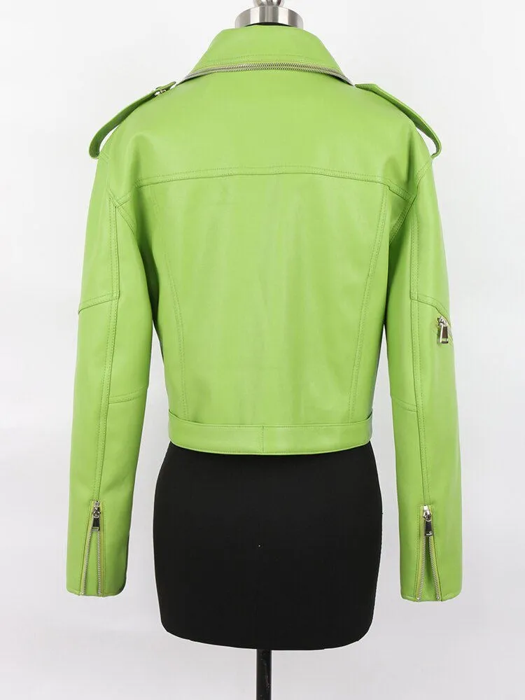 2023 Biker Girl Autumn Colored Green Black Short Leather Biker women Jacket