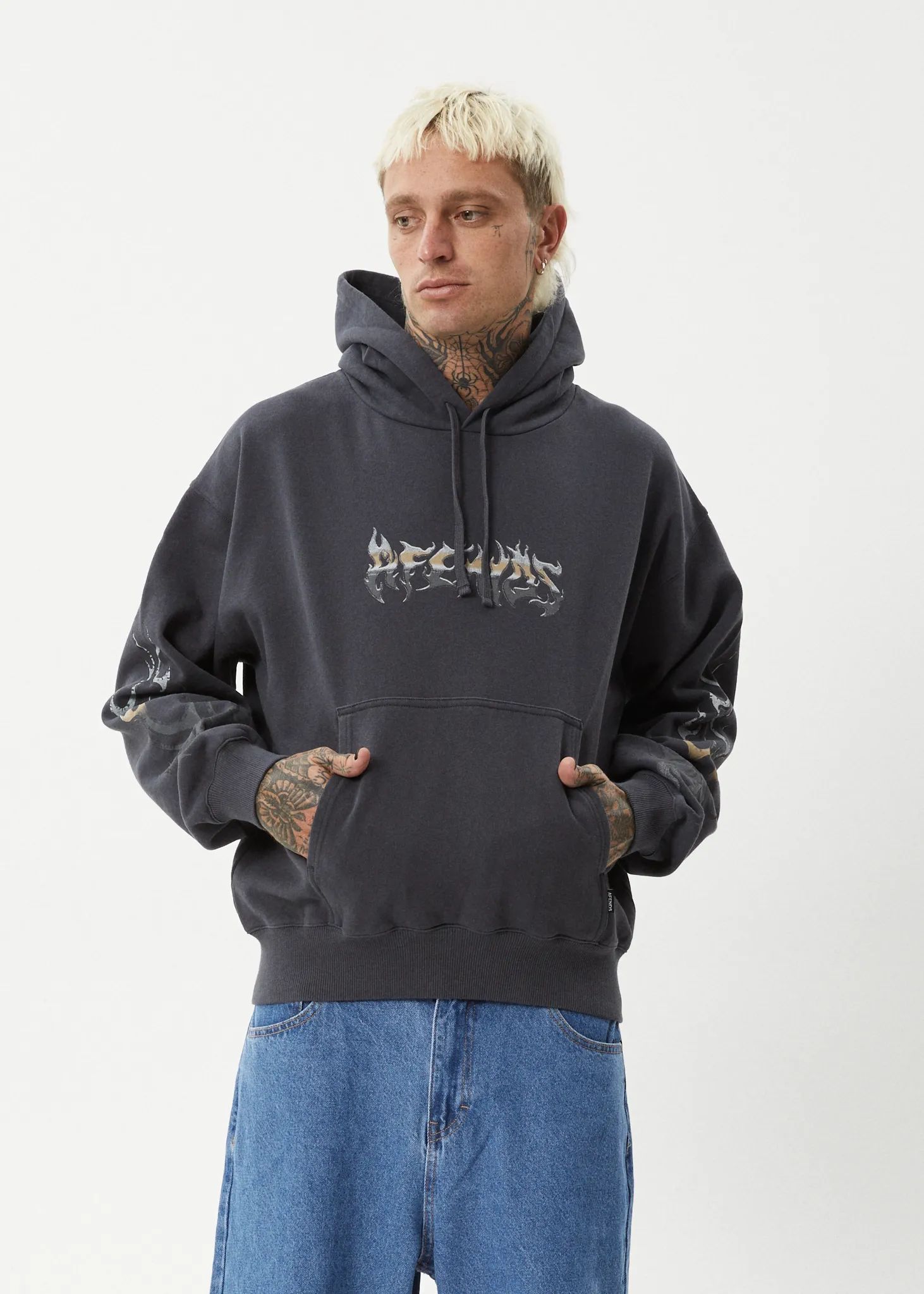 AFENDS Mens Scorched - Boxy Pull On Hood - Charcoal