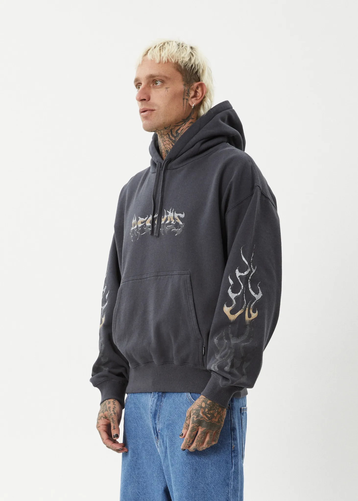 AFENDS Mens Scorched - Boxy Pull On Hood - Charcoal