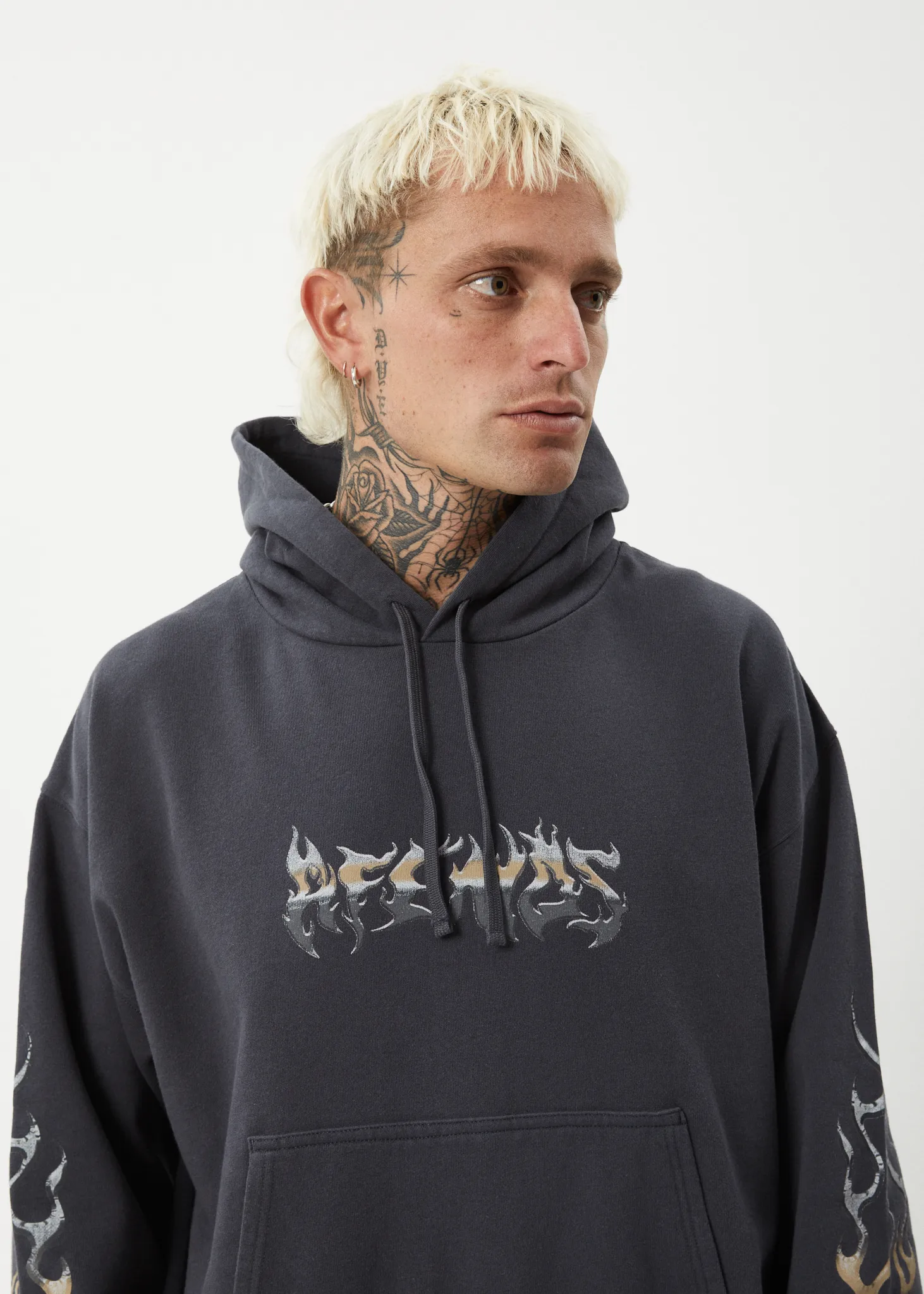 AFENDS Mens Scorched - Boxy Pull On Hood - Charcoal