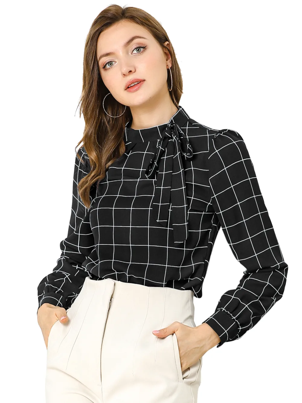 Allegra K- Bow-Tie Neck Blouse Checks Shirt