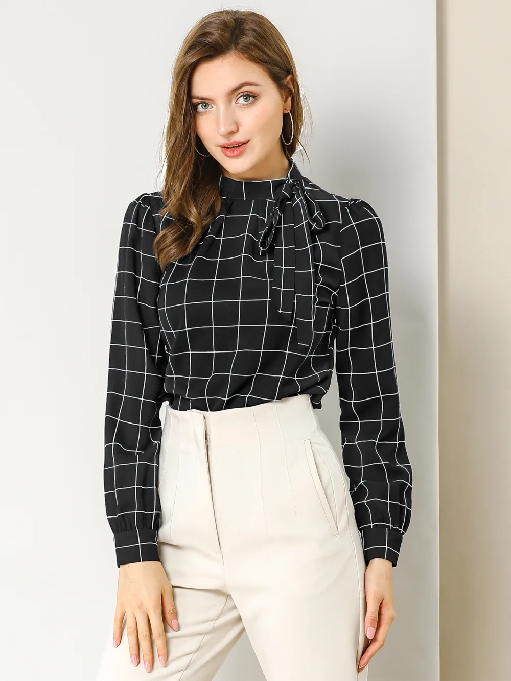 Allegra K- Bow-Tie Neck Blouse Checks Shirt