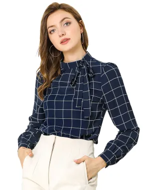 Allegra K- Bow-Tie Neck Blouse Checks Shirt