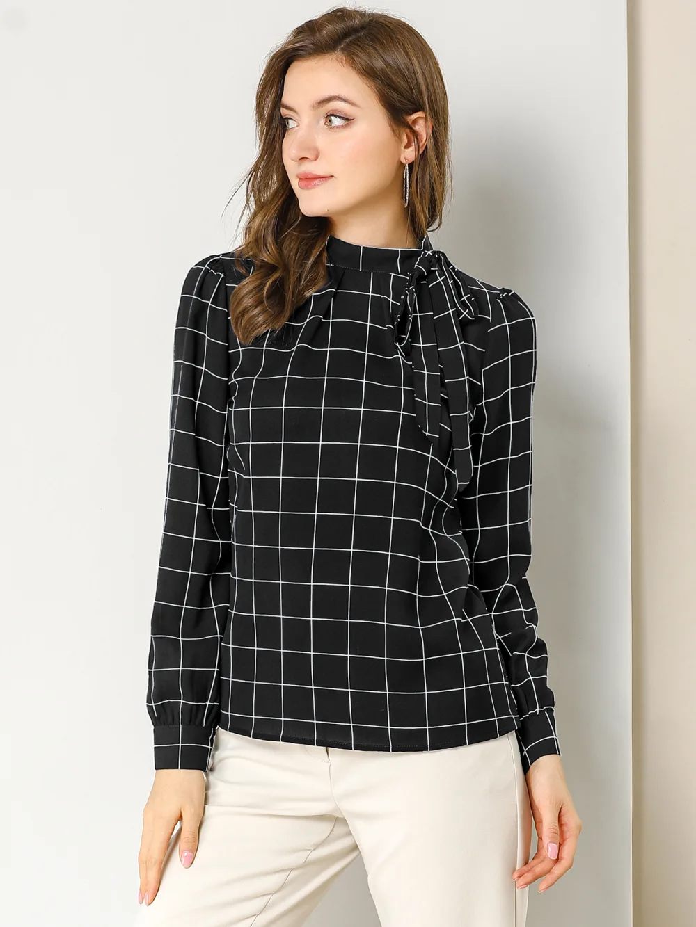 Allegra K- Bow-Tie Neck Blouse Checks Shirt