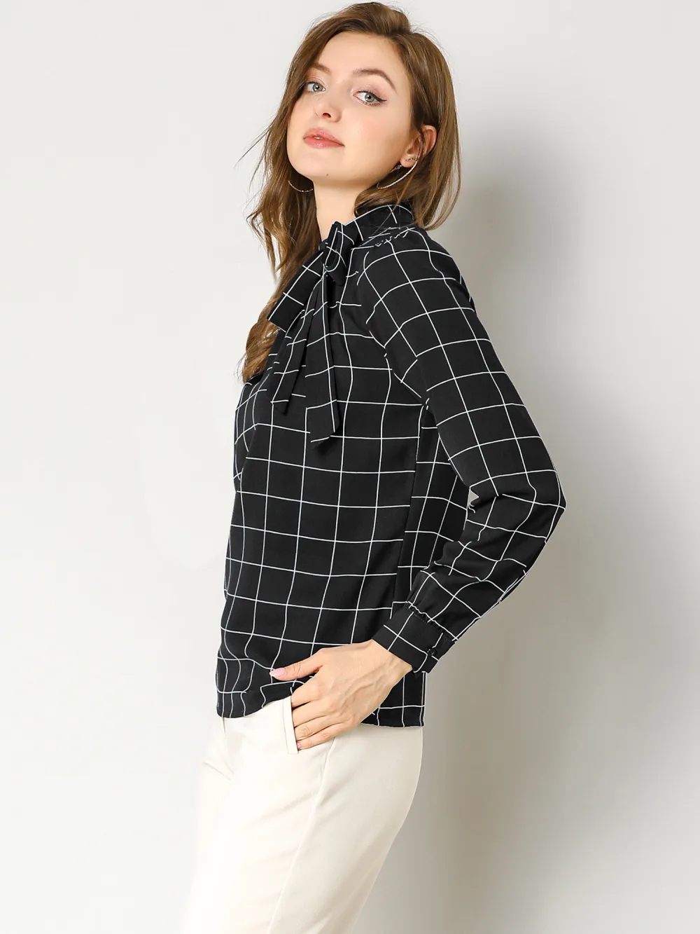 Allegra K- Bow-Tie Neck Blouse Checks Shirt