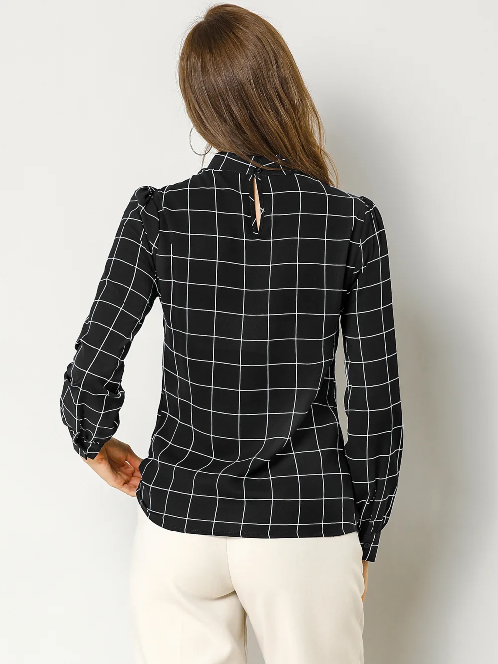 Allegra K- Bow-Tie Neck Blouse Checks Shirt