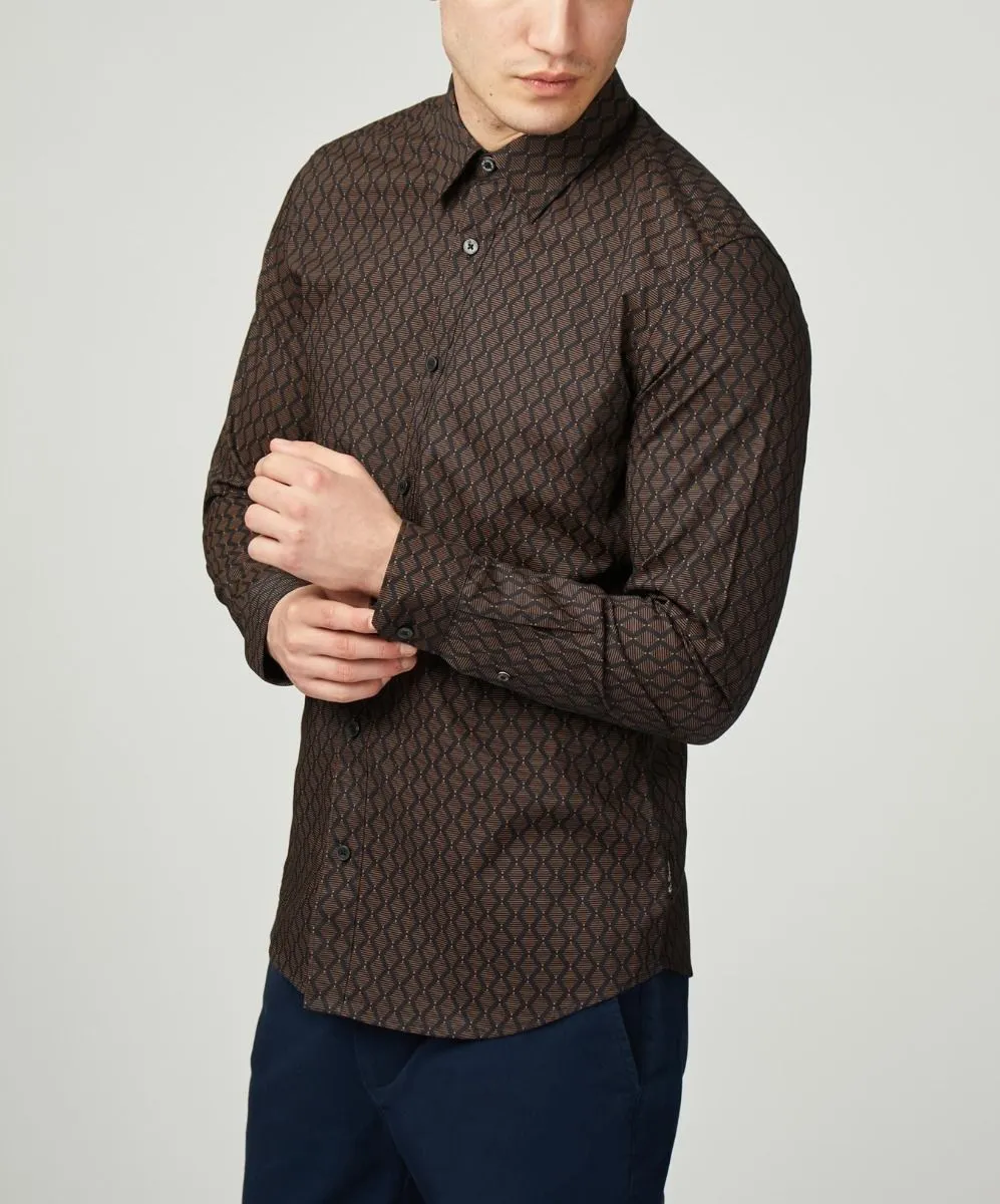 Ben Sherman Long Sleeve Linear Geo Print Shirt Black