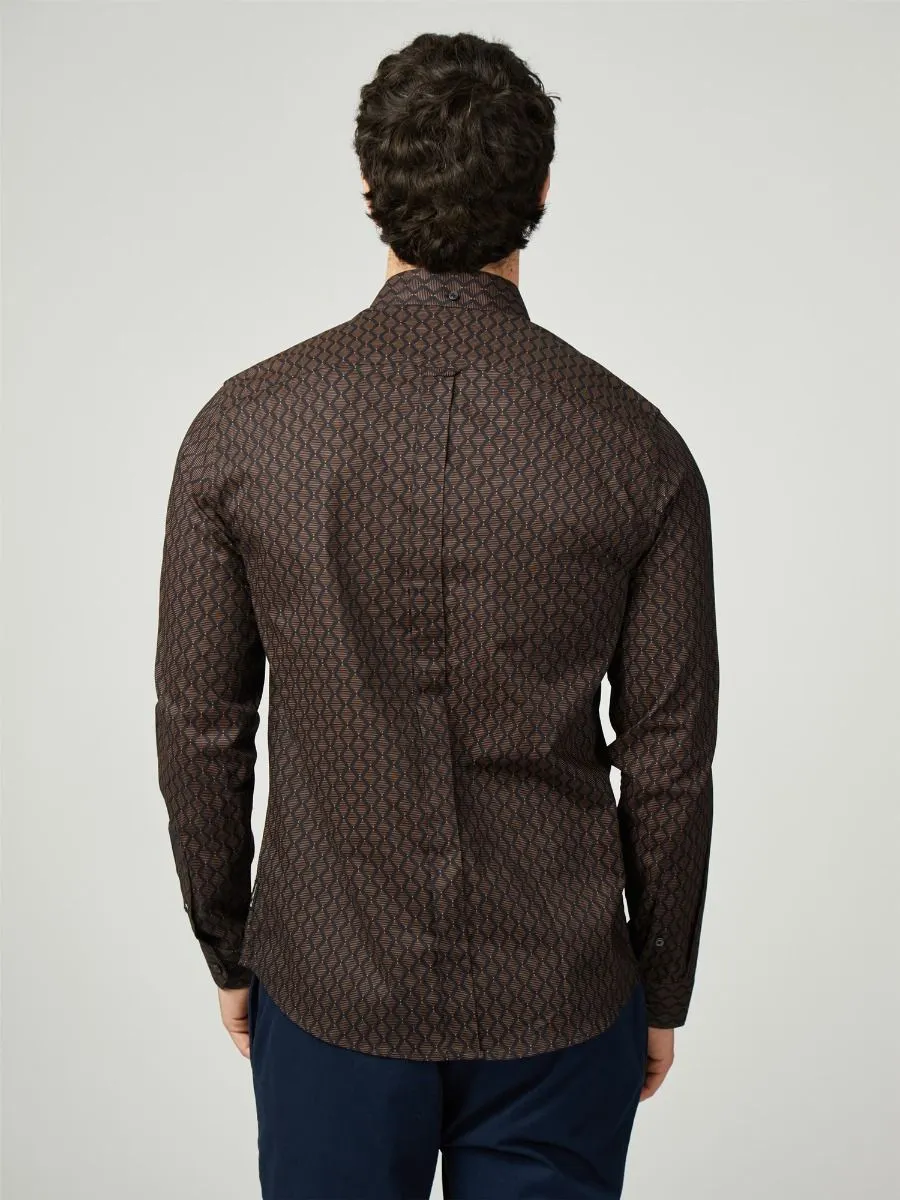 Ben Sherman Long Sleeve Linear Geo Print Shirt Black