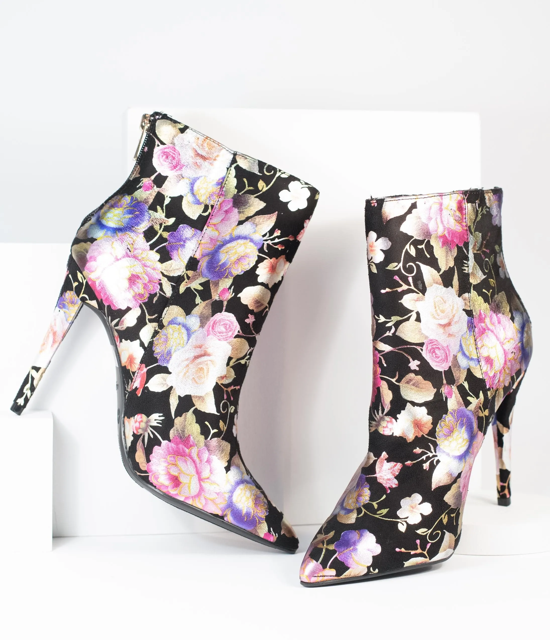 Black & Gleaming Floral Suede Stiletto Bootie