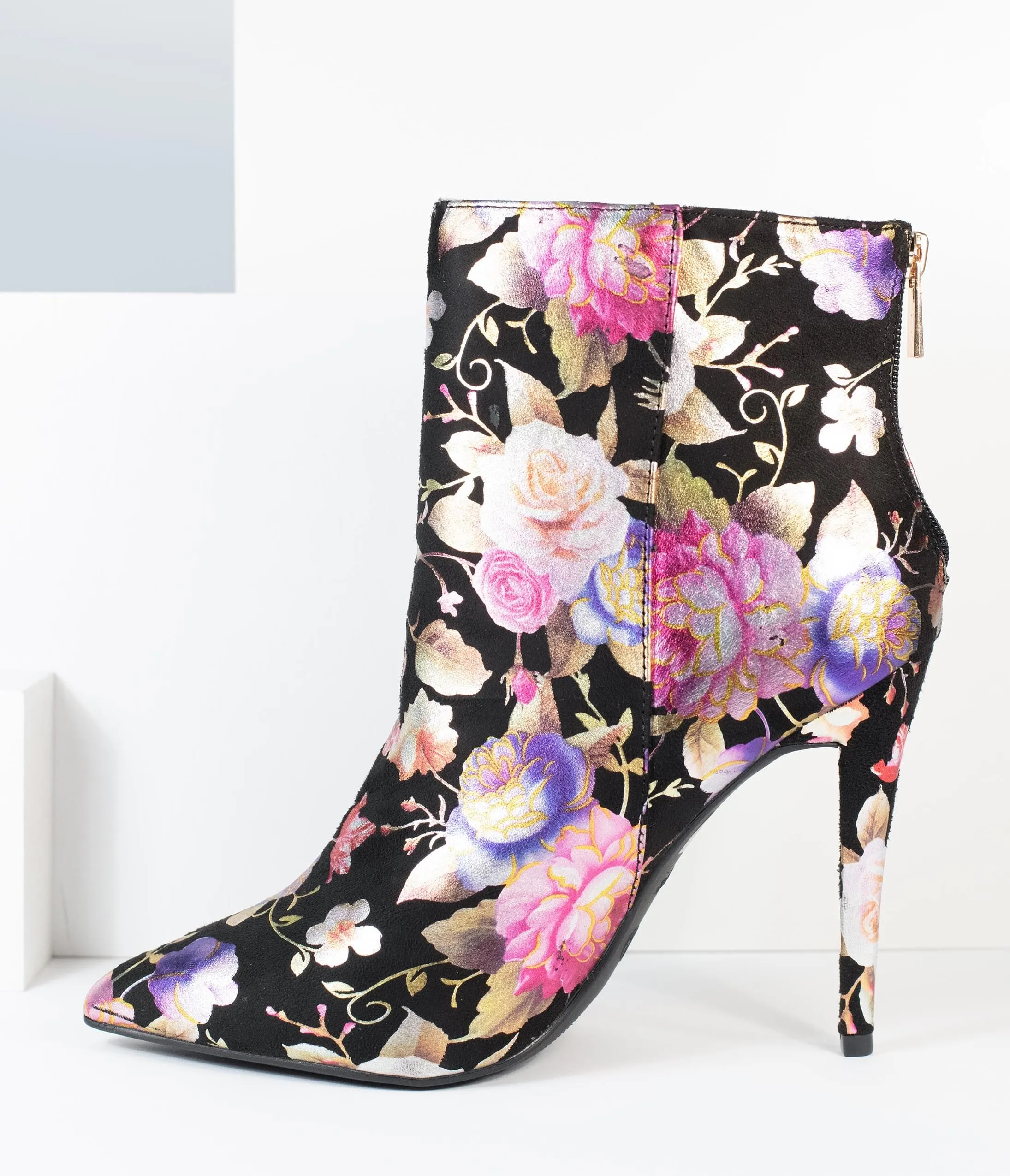 Black & Gleaming Floral Suede Stiletto Bootie