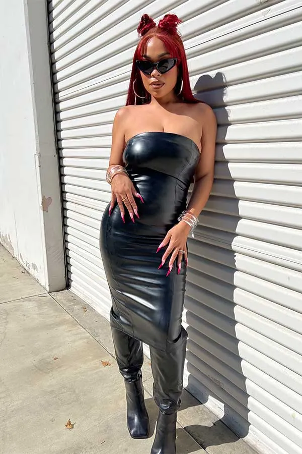 Black Tube Top Faux Leather Midi Dress