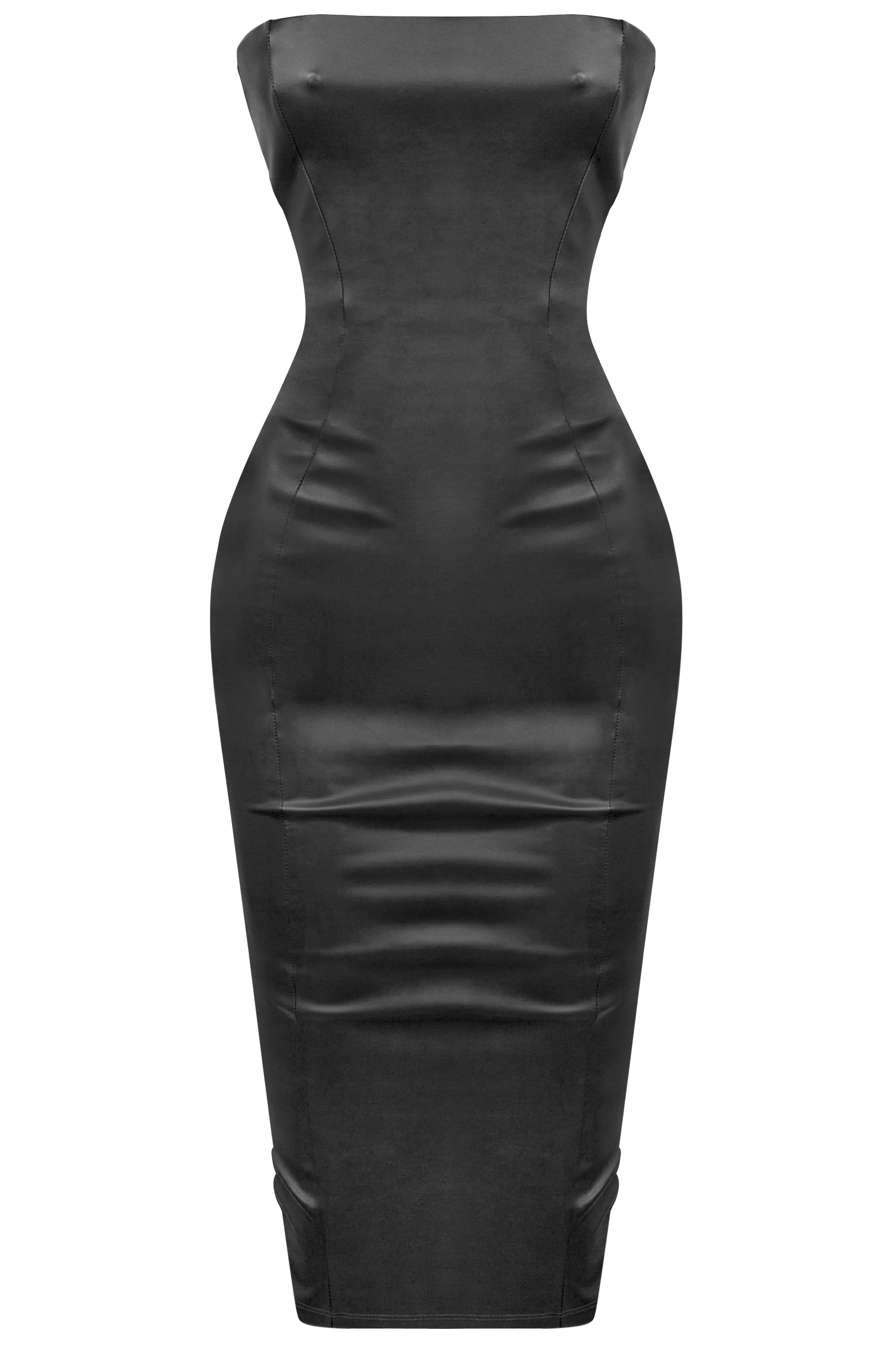 Black Tube Top Faux Leather Midi Dress