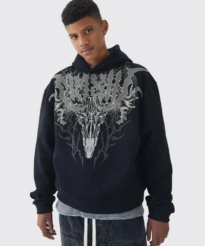 boohoo Mens Tall Oversized Boxy Gothic Large Scale Print Hoodie