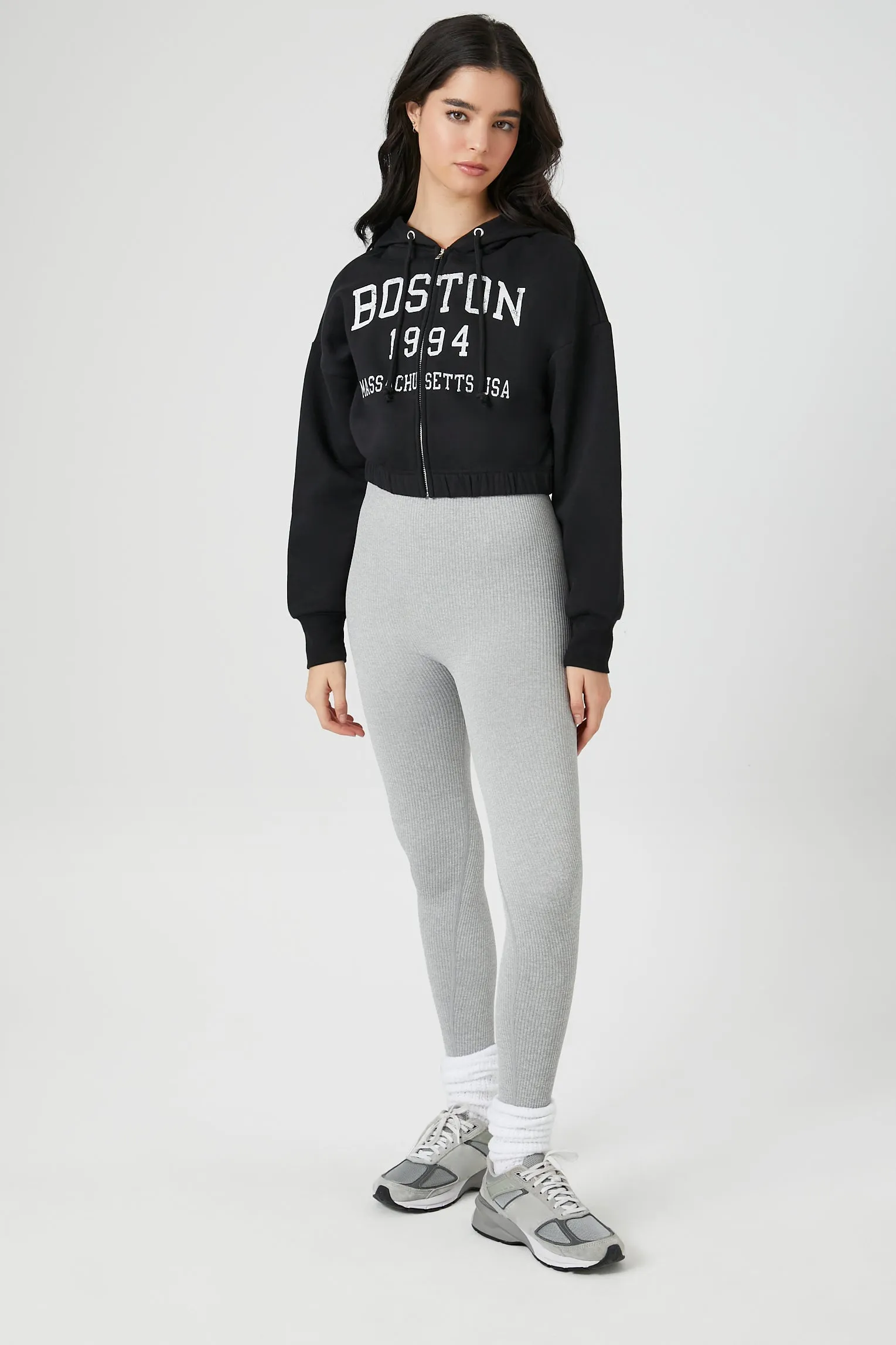 Boston Graphic Zip-Up Cropped Fleece Hoodie