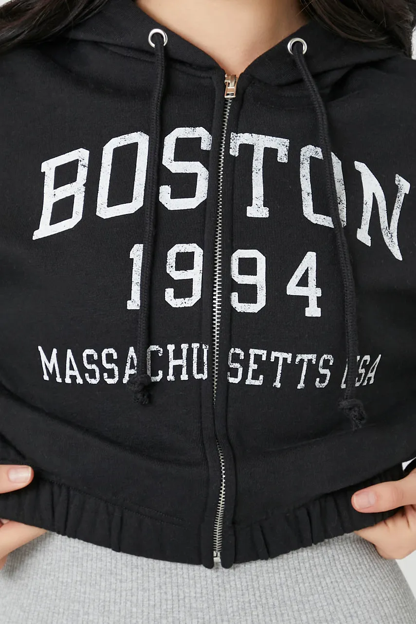 Boston Graphic Zip-Up Cropped Fleece Hoodie