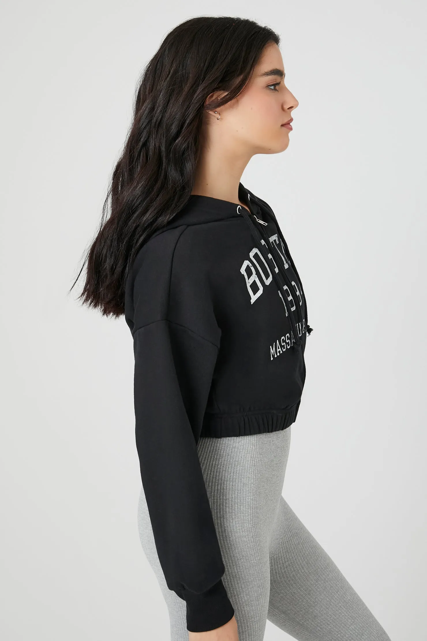 Boston Graphic Zip-Up Cropped Fleece Hoodie