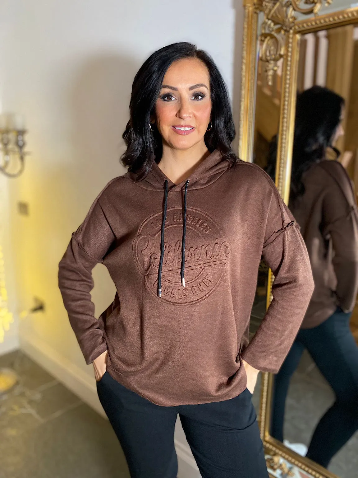 Chocolate Embossed Reverse Seam Hoodie Dot