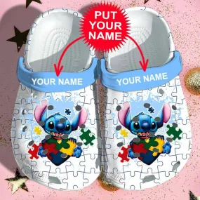 Custom Name Autism Awareness Day Stitch Puzzle Pieces Crocs Crocband Clog Shoes