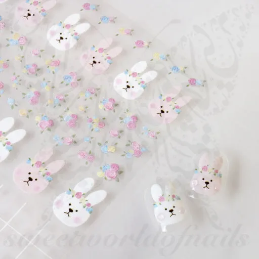 Cute Bunny Rabbit Flowers Nail Art Stickers