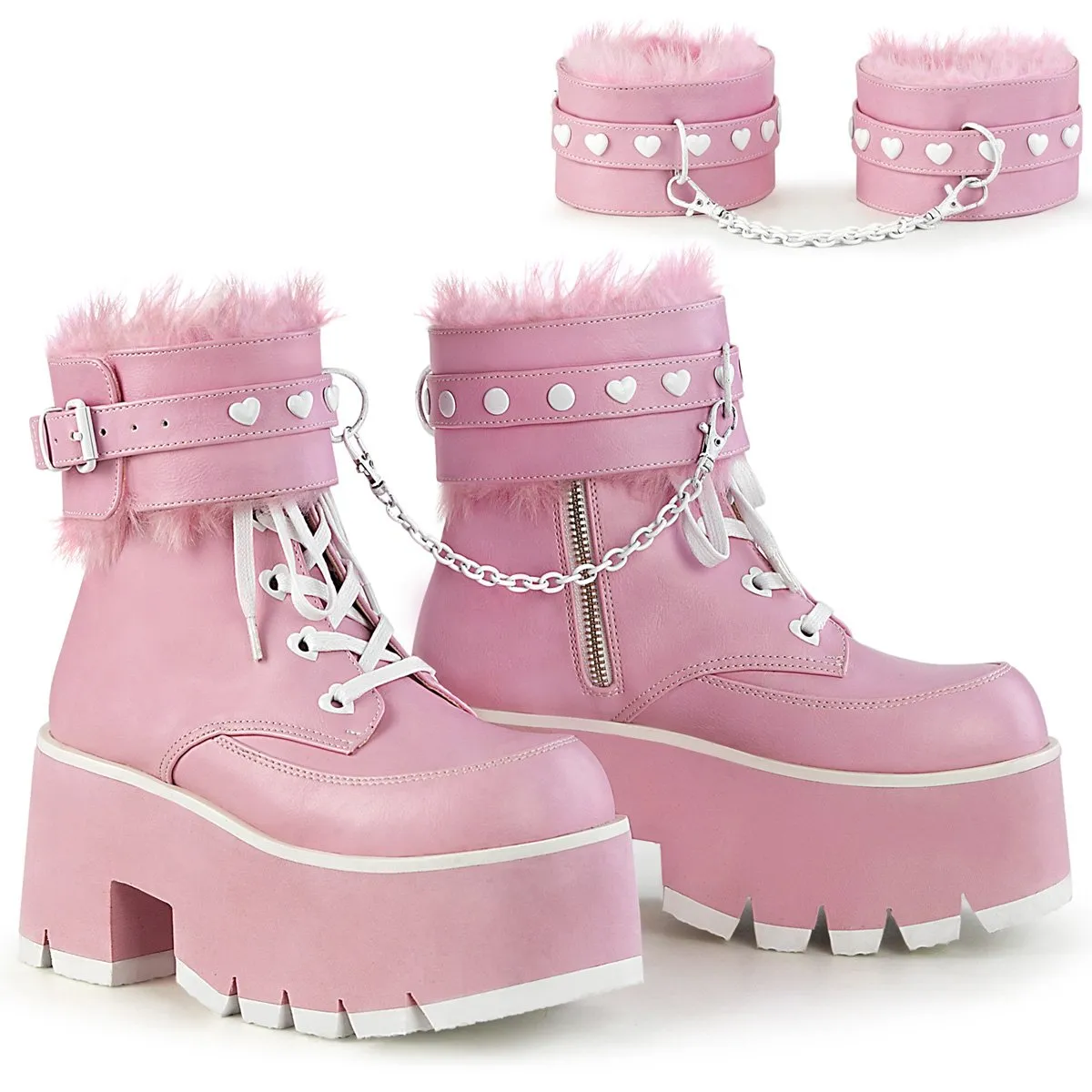 DEMONIA ASHES-57 BOOTS - PINK VEGAN LEATHER  PRE ORDER 