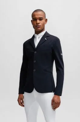 Equestrian show jacket with logo patch and signature stripe