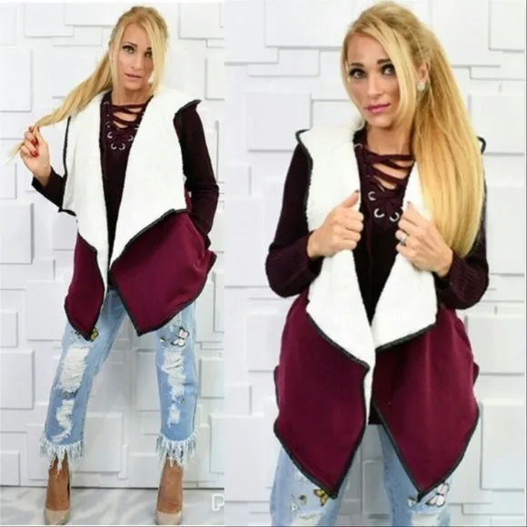 Faux Shearling Fur Vest Burgundy