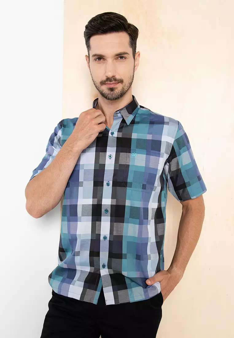 GMV Men's Short Sleeves Printed Checks Shirt - GM42102b221