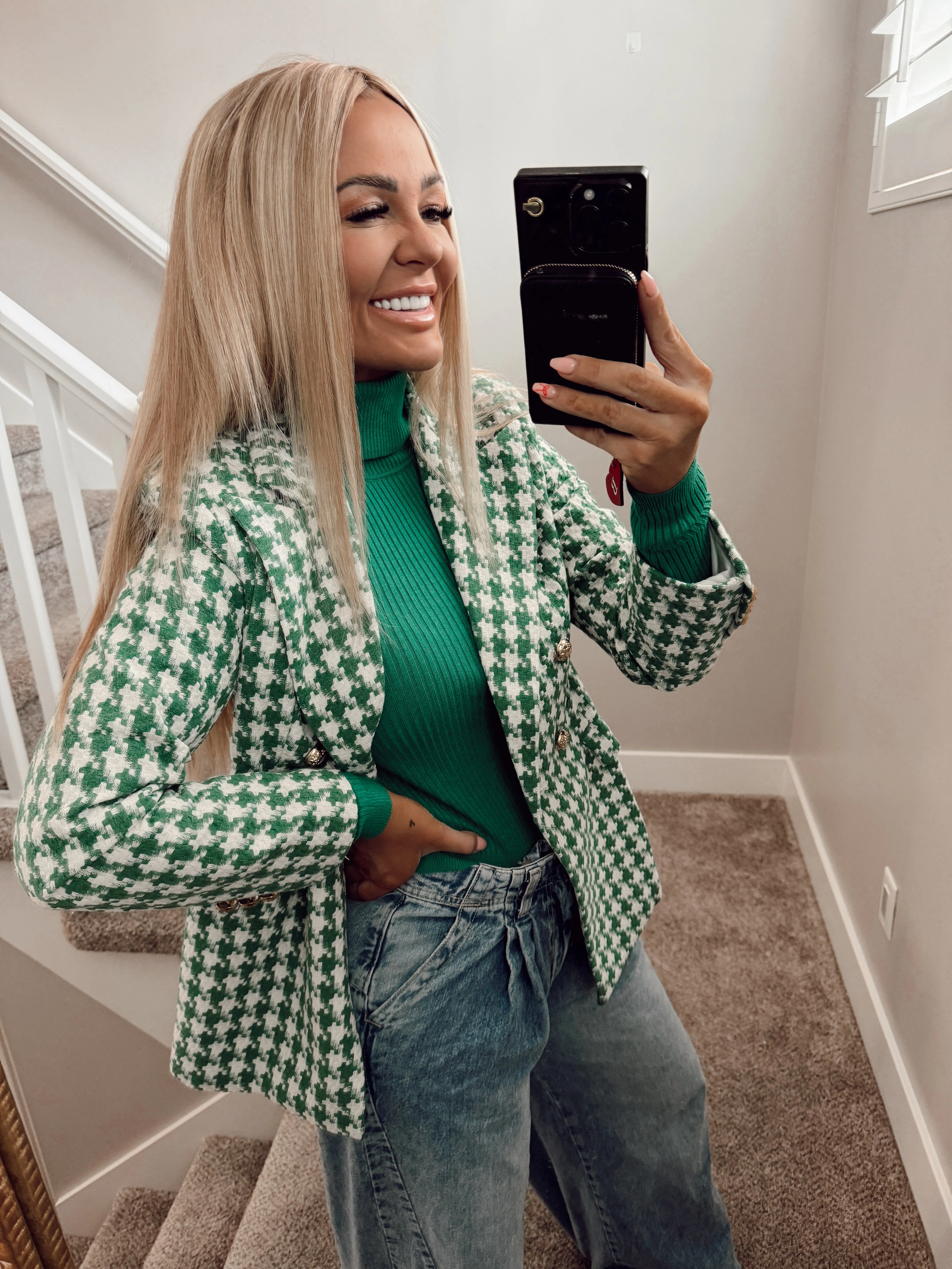 Green houndstooth blazer