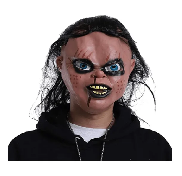 Halloween Horror Face Mask With Hair and Blue Eyes Haunted Masks