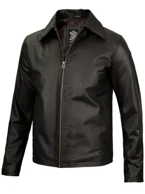 Harrington Mens Dark Brown Shirt Collar Cowhide Leather Jacket