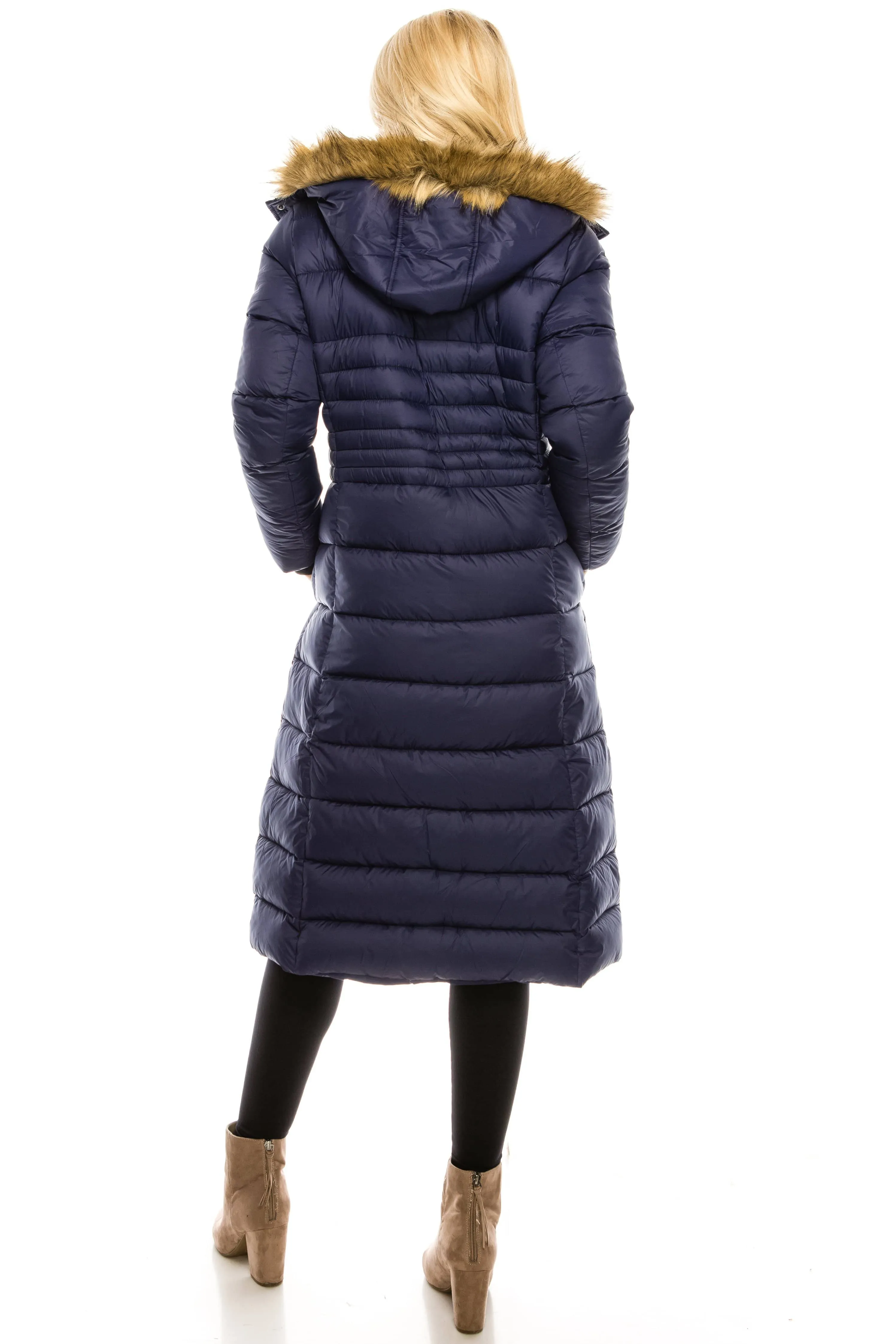 Haute Edition Women's Maxi Length Quilted Puffer with Fur Lined Hood