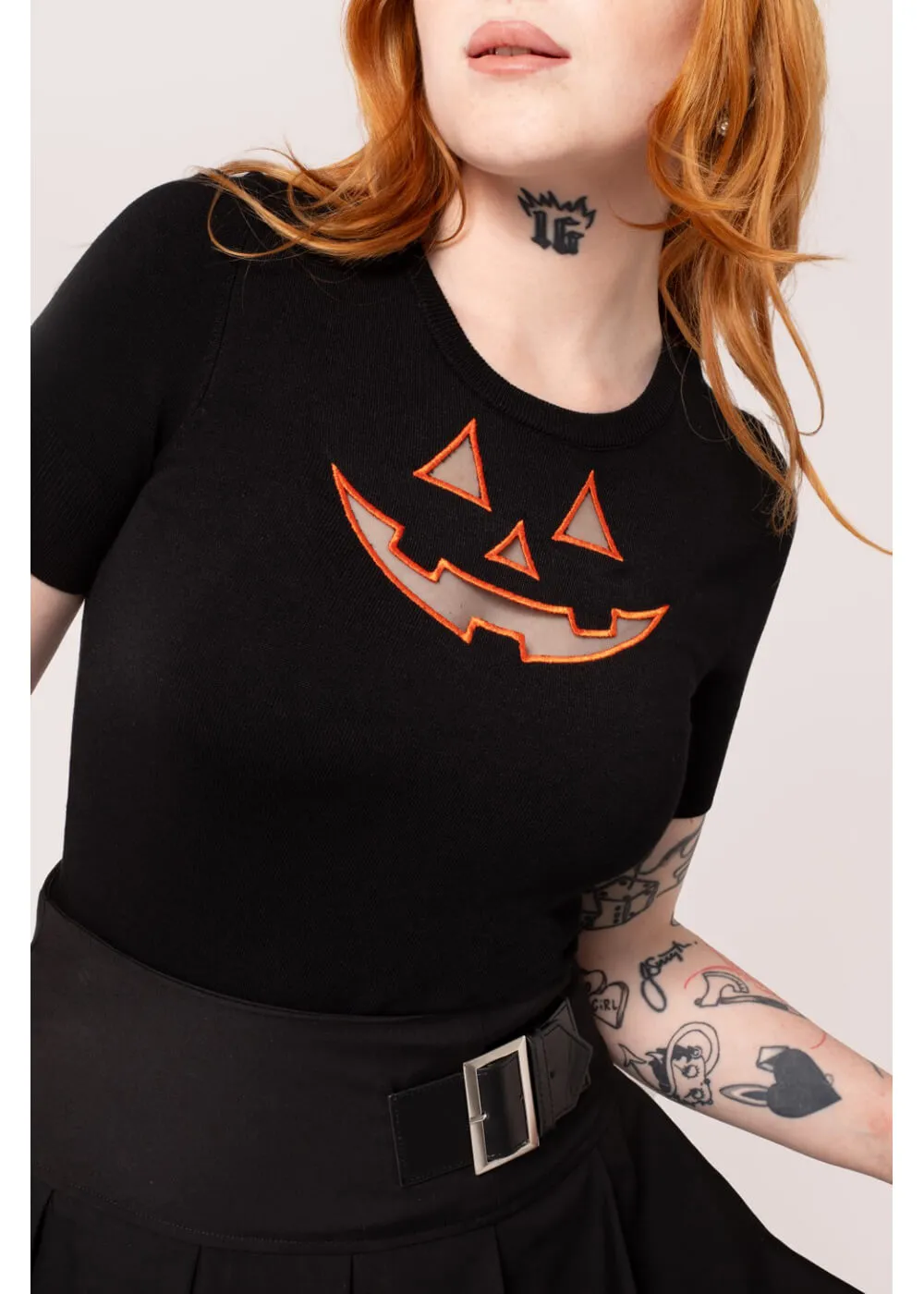 Hell Bunny Jack-O-Lantern Pumpkin Top Pullover Black Orange