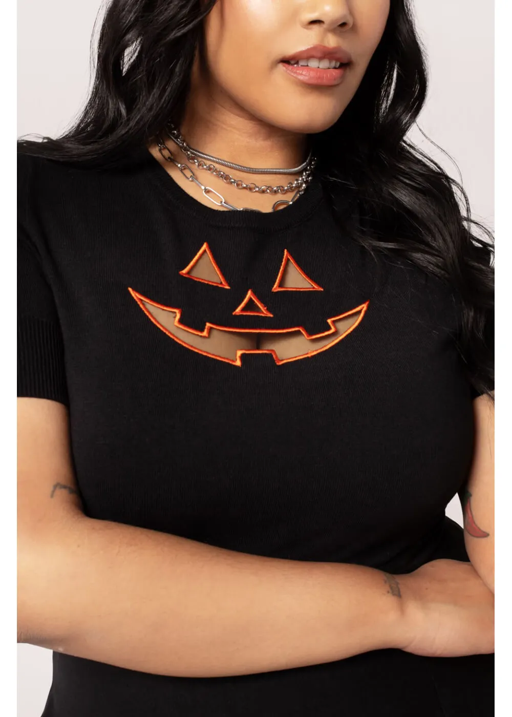 Hell Bunny Jack-O-Lantern Pumpkin Top Pullover Black Orange