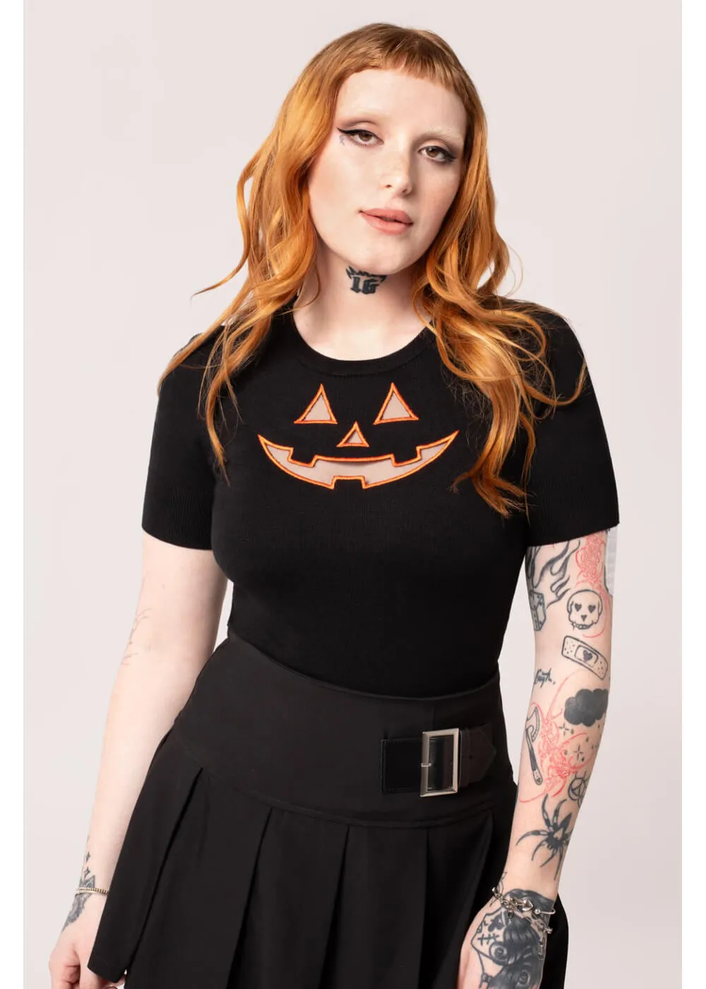 Hell Bunny Jack-O-Lantern Pumpkin Top Pullover Black Orange