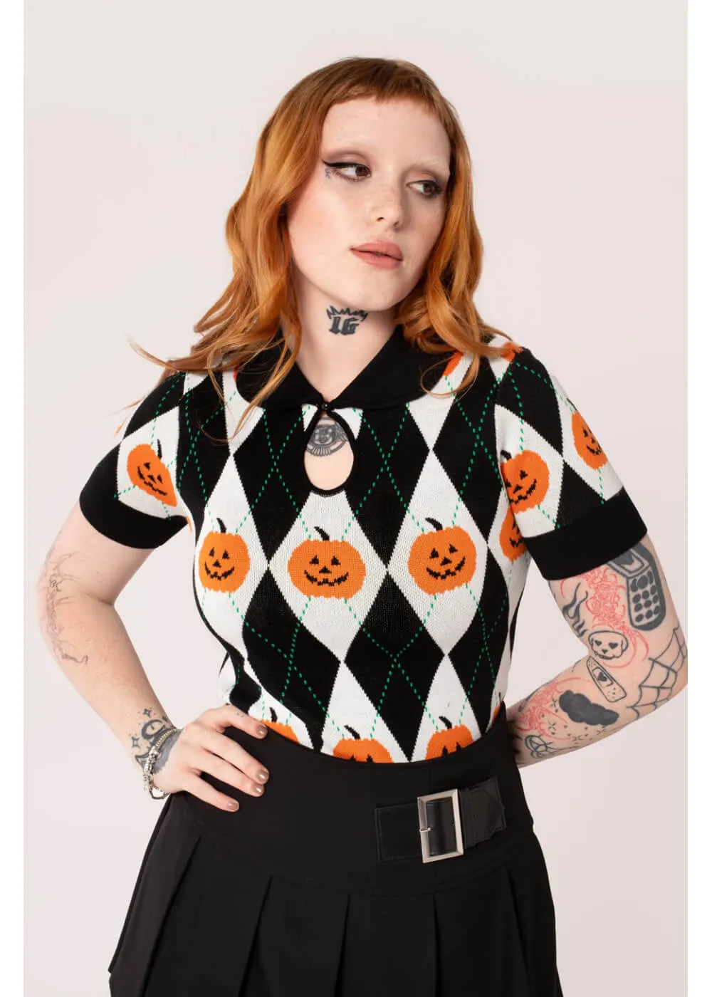 Hell Bunny Pumpkin Head Top Pullover Black White