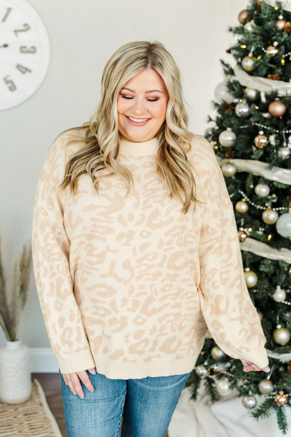 Here To Stay Leopard Knit Sweater- Cream