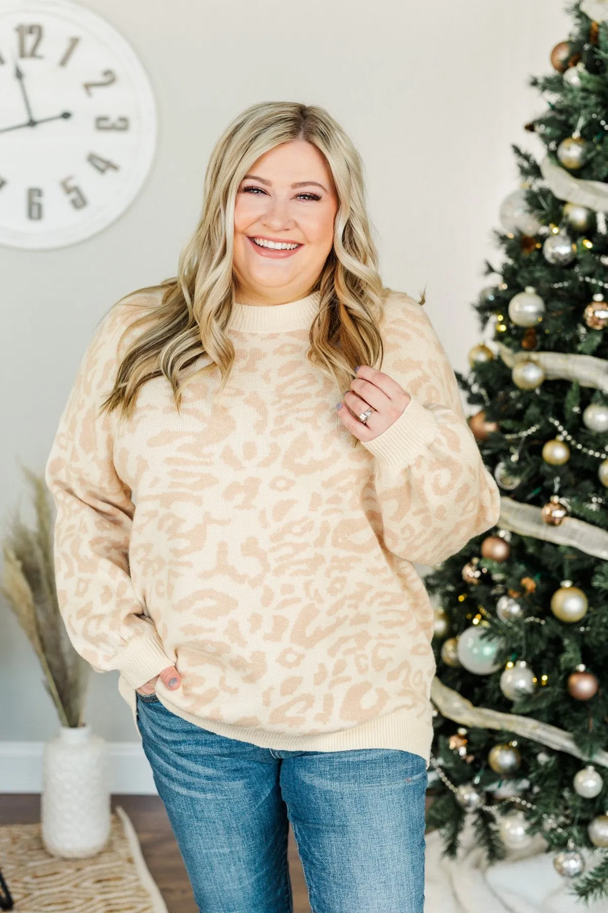 Here To Stay Leopard Knit Sweater- Cream