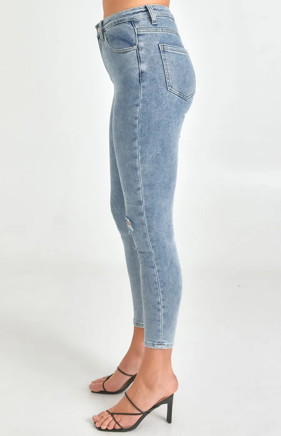 High Waisted Skinny Jeans with Knee Rip (SDM109)