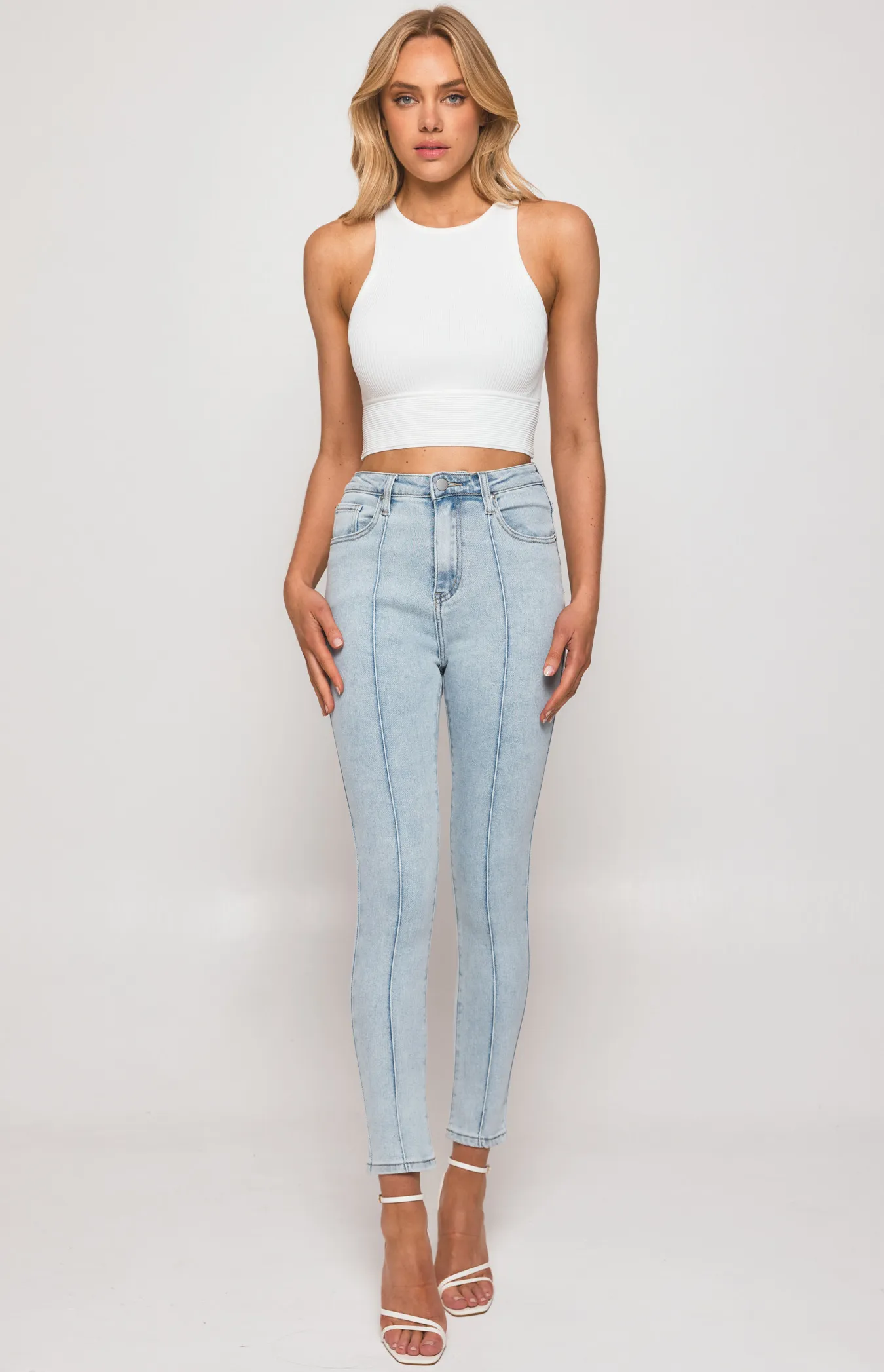 High Waisted Stretch Denim Jeans with Leg Seam Details (SDM129)