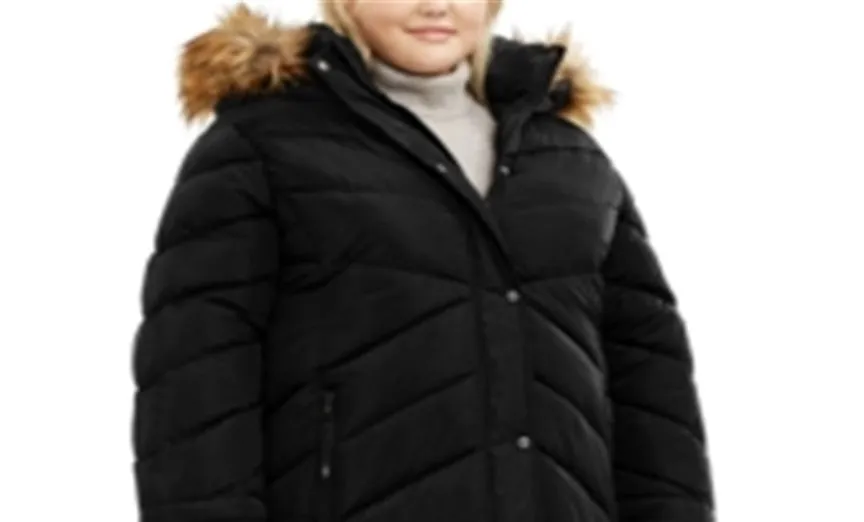 Madden Girl Junior's Faux Fur Trim Hooded Puffer Coat Black Size 3X