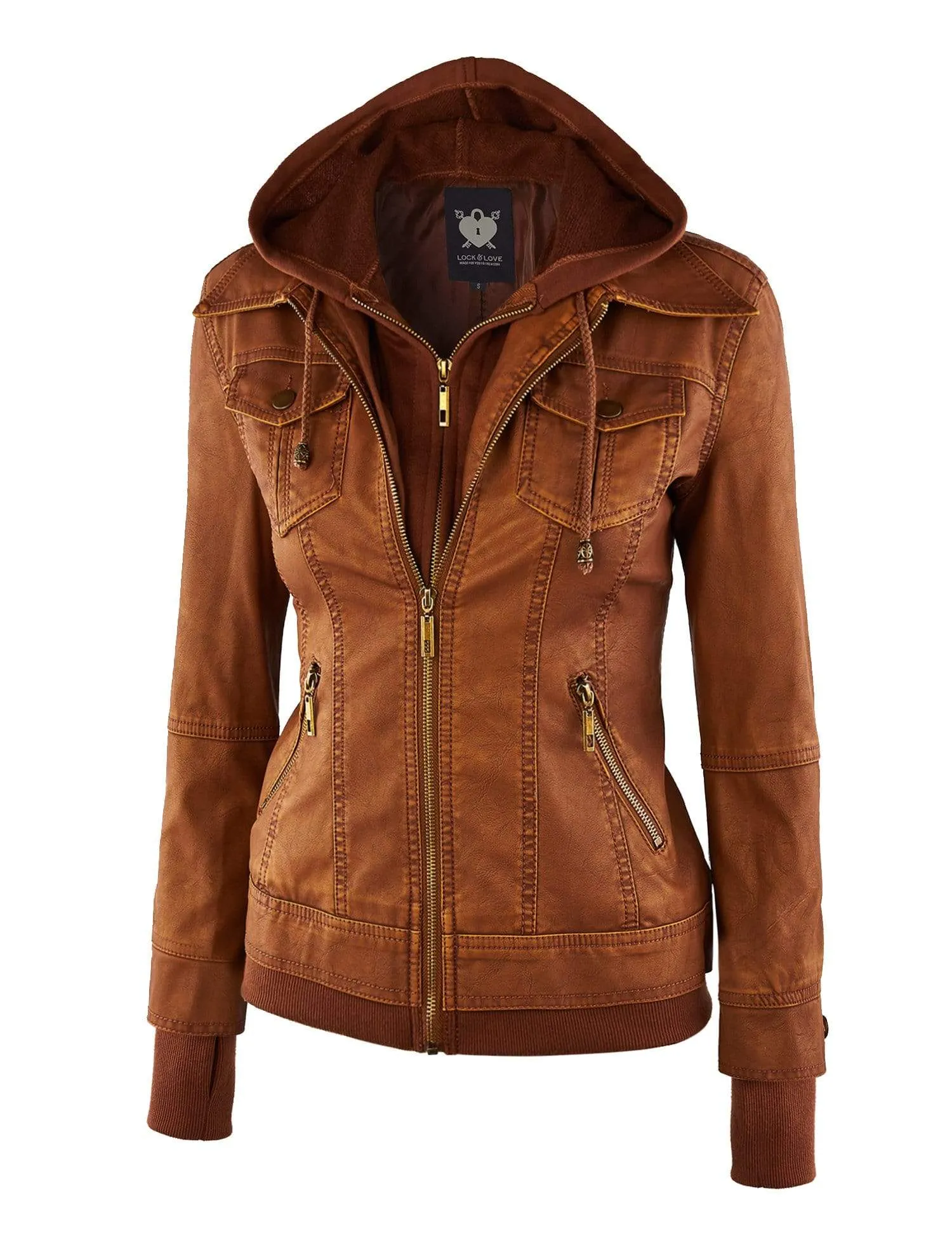 Made By Johnny MBJ Womens Faux Leather Motorcycle Jacket with Hoodie