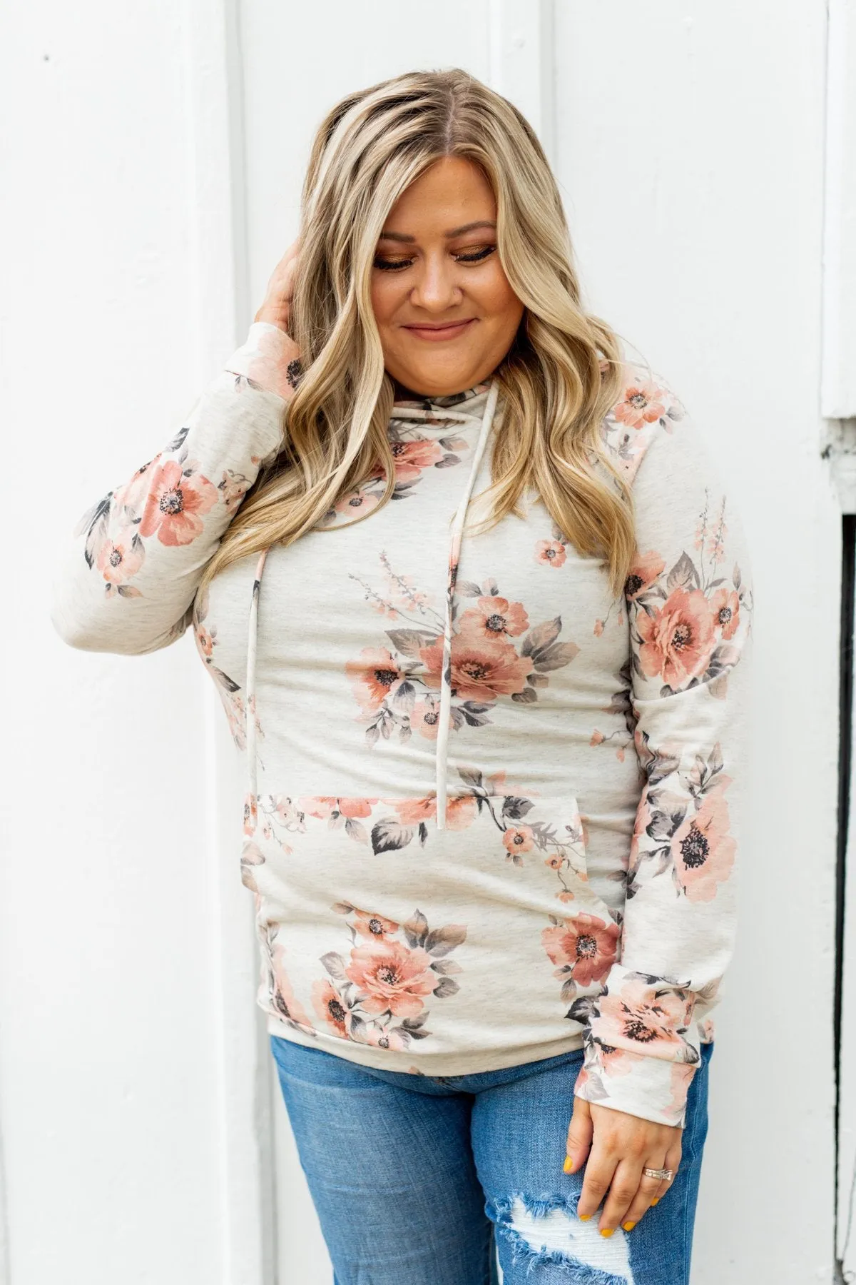 Made My Day Floral Drawstring Hoodie- Heathered Oatmeal