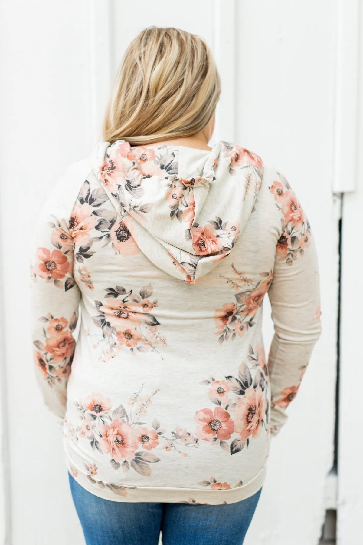 Made My Day Floral Drawstring Hoodie- Heathered Oatmeal