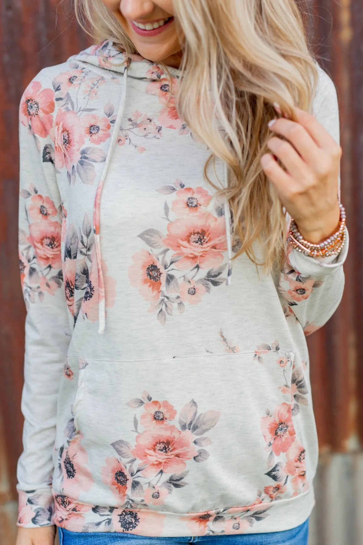 Made My Day Floral Drawstring Hoodie- Heathered Oatmeal