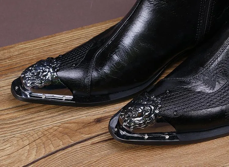 Men's Fashion Black Genuine Leather Pointed Metal Toe Zipper Ankle Boots