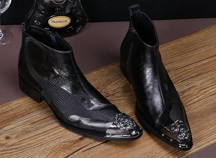 Men's Fashion Black Genuine Leather Pointed Metal Toe Zipper Ankle Boots