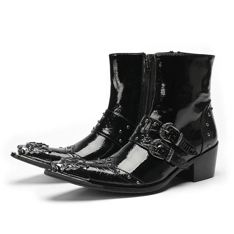 Men's Western Fashion Genuine Leather Iron Toe Buckles Ankle Boots