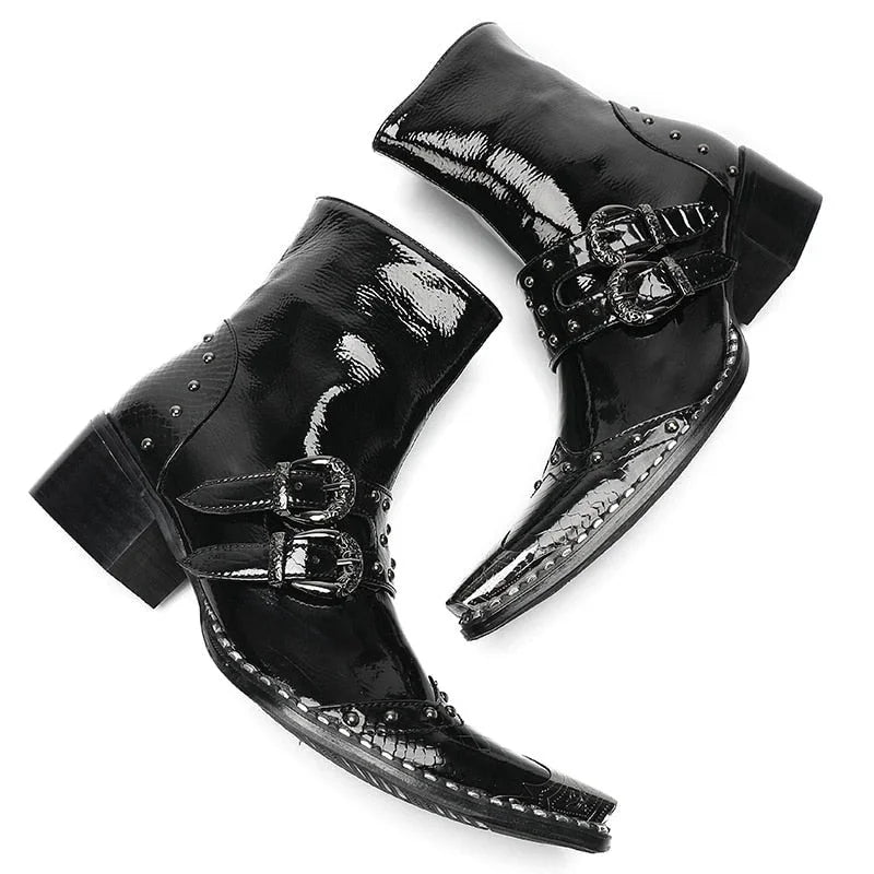 Men's Western Fashion Genuine Leather Iron Toe Buckles Ankle Boots