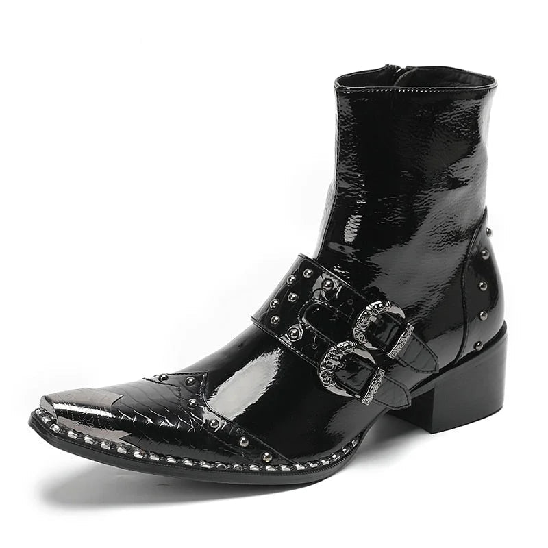 Men's Western Fashion Genuine Leather Iron Toe Buckles Ankle Boots